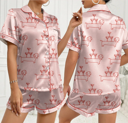 Women’s Dachshund Pajama Set, Martini & Weenies Print, Short Sleeve Satin Sleepwear, Dog Pajama, PJs Family, Pajama Gifts for Her