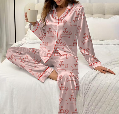 Women’s Dachshund Pajama Set, Martini & Weenies Print, Short Sleeve Satin Sleepwear, Dog Pajama, PJs Family, Pajama Gifts for Her