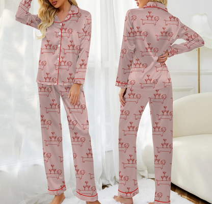 Women’s Dachshund Pajama Set, Martini & Weenies Print, Short Sleeve Satin Sleepwear, Dog Pajama, PJs Family, Pajama Gifts for Her