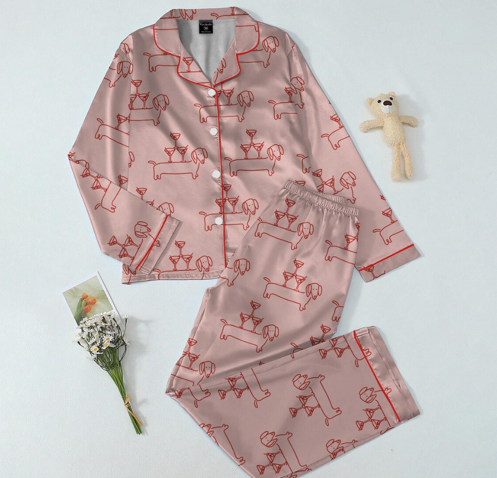 Women’s Dachshund Pajama Set, Martini & Weenies Print, Short Sleeve Satin Sleepwear, Dog Pajama, PJs Family, Pajama Gifts for Her