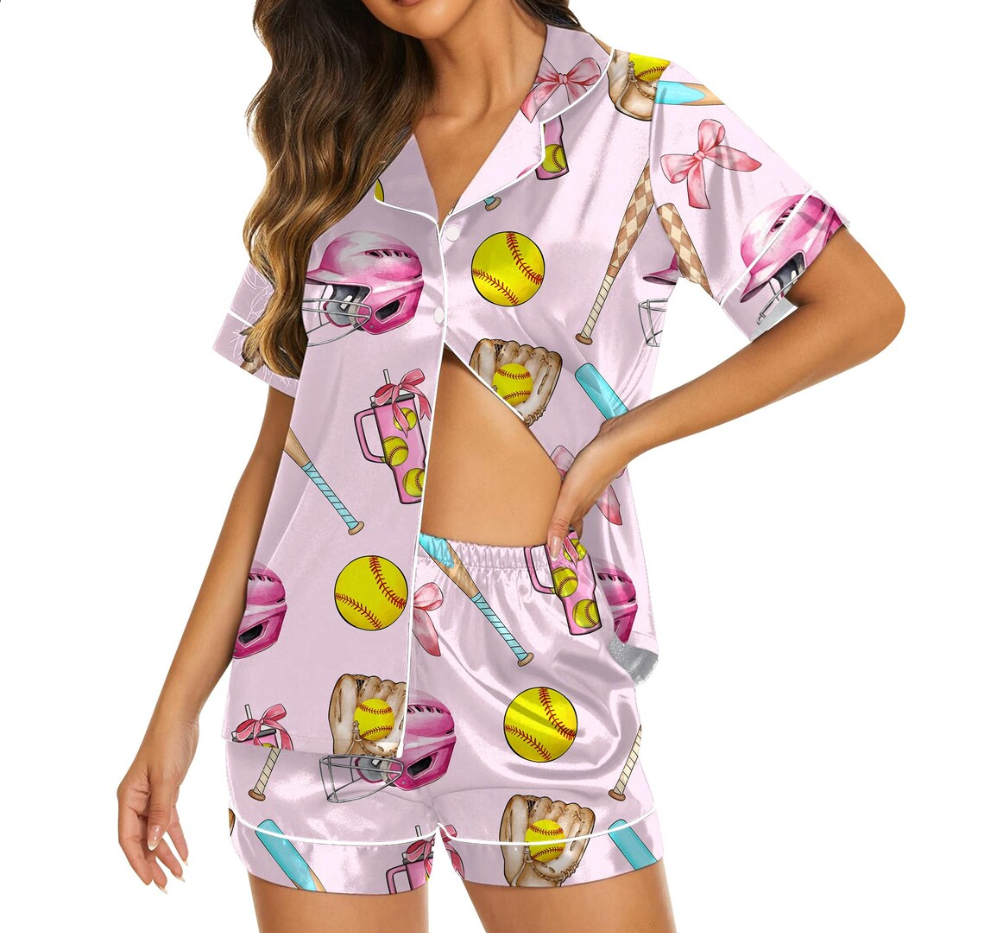 Women's Satin Pajama Set – Softball Print Sleepwear, Sporty Summer Loungewear