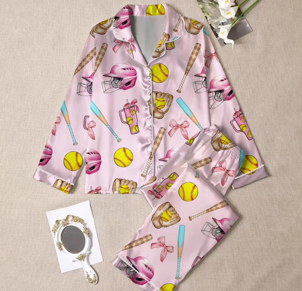 Women's Satin Pajama Set – Softball Print Sleepwear, Sporty Summer Loungewear
