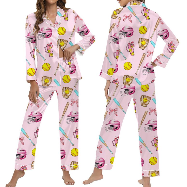 Women's Satin Pajama Set – Softball Print Sleepwear, Sporty Summer Loungewear