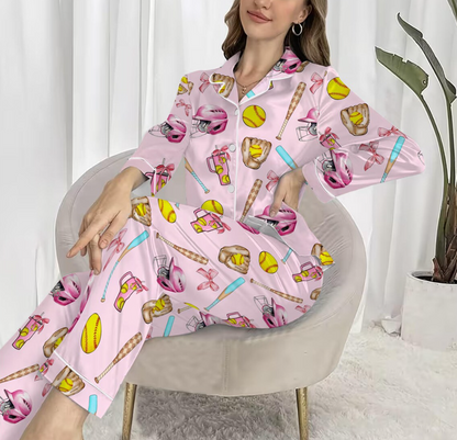 Women's Satin Pajama Set – Softball Print Sleepwear, Sporty Summer Loungewear