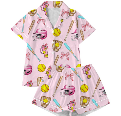Women's Satin Pajama Set – Softball Print Sleepwear, Sporty Summer Loungewear