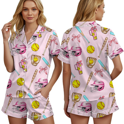 Women's Satin Pajama Set – Softball Print Sleepwear, Sporty Summer Loungewear