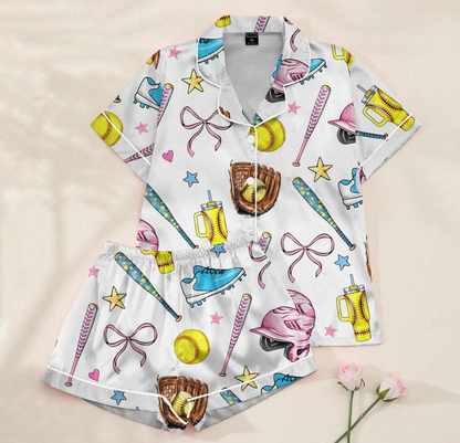 Women's Satin Pajama Set – Softball Print Sleepwear, Sporty Summer Loungewear