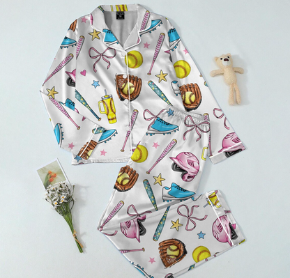 Women's Satin Pajama Set – Softball Print Sleepwear, Sporty Summer Loungewear