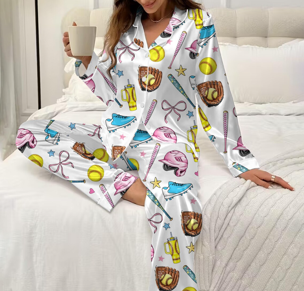 Women's Satin Pajama Set – Softball Print Sleepwear, Sporty Summer Loungewear