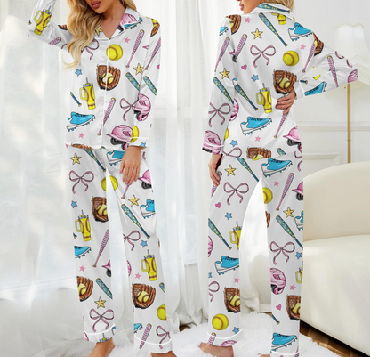 Women's Satin Pajama Set – Softball Print Sleepwear, Sporty Summer Loungewear