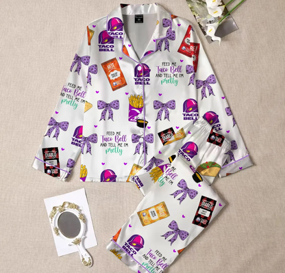 Taco Bell Short Satin Pajamas, Fast Food Sleepwear Set for Women, Silky Lounge Outfit, Food Pajama Shorts, Taco Bell Fan Gifts
