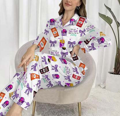 Taco Bell Short Satin Pajamas, Fast Food Sleepwear Set for Women, Silky Lounge Outfit, Food Pajama Shorts, Taco Bell Fan Gifts
