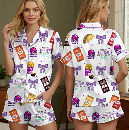 Taco Bell Short Satin Pajamas, Fast Food Sleepwear Set for Women, Silky Lounge Outfit, Food Pajama Shorts, Taco Bell Fan Gifts