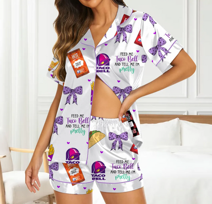 Taco Bell Short Satin Pajamas, Fast Food Sleepwear Set for Women, Silky Lounge Outfit, Food Pajama Shorts, Taco Bell Fan Gifts