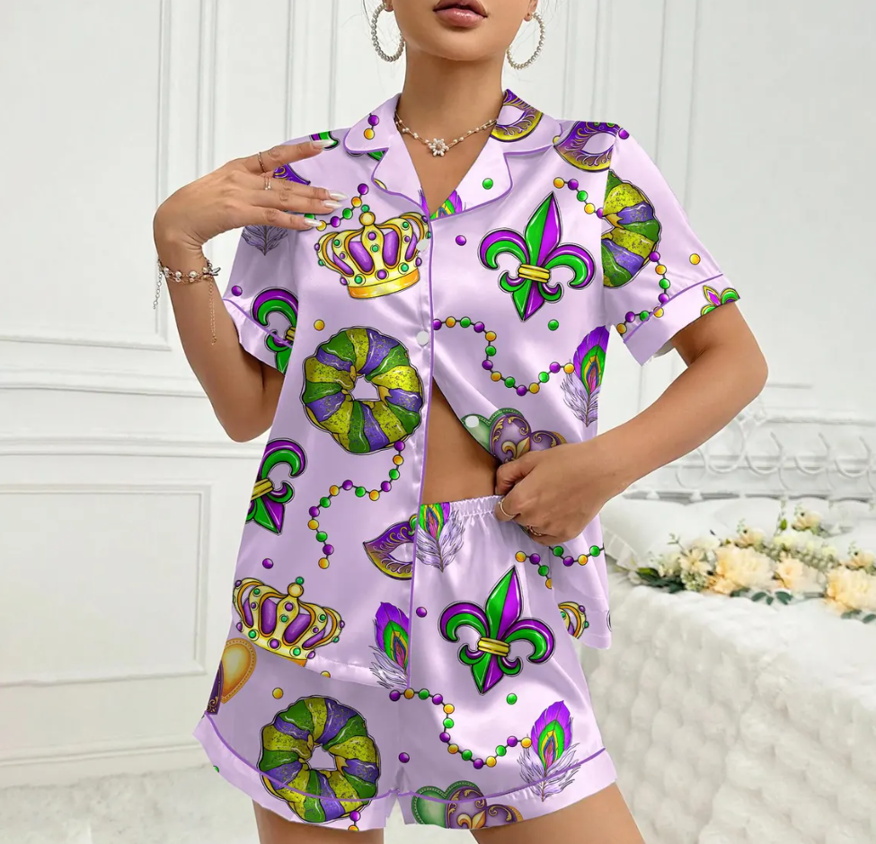 Mardi Gras Carnival Pajamas Set, Pajamas Pants, Mardi Gras Pajama For Women Men, New Orleans Cruise Holiday Pajamas, Coquette Pajamas