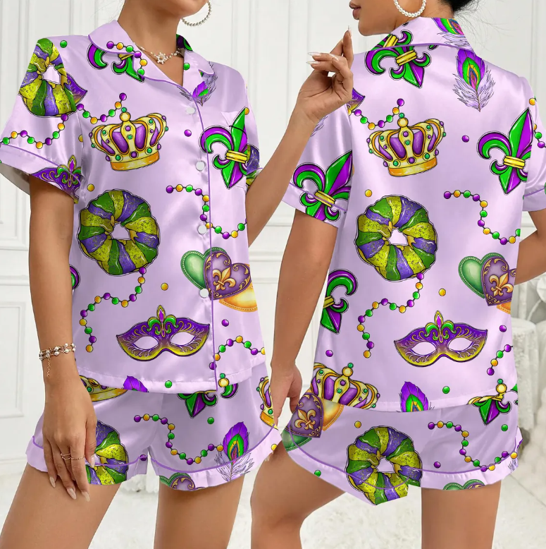 Mardi Gras Carnival Pajamas Set, Pajamas Pants, Mardi Gras Pajama For Women Men, New Orleans Cruise Holiday Pajamas, Coquette Pajamas