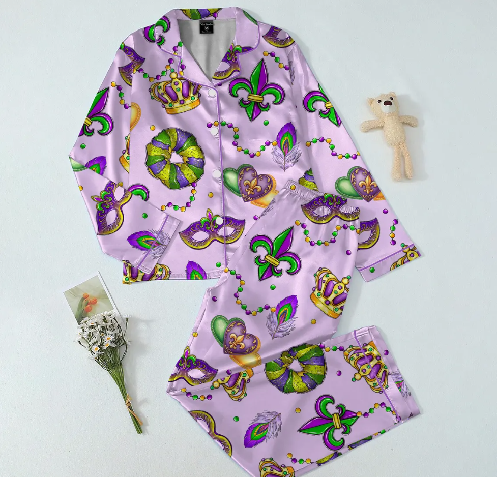 Mardi Gras Carnival Pajamas Set, Pajamas Pants, Mardi Gras Pajama For Women Men, New Orleans Cruise Holiday Pajamas, Coquette Pajamas