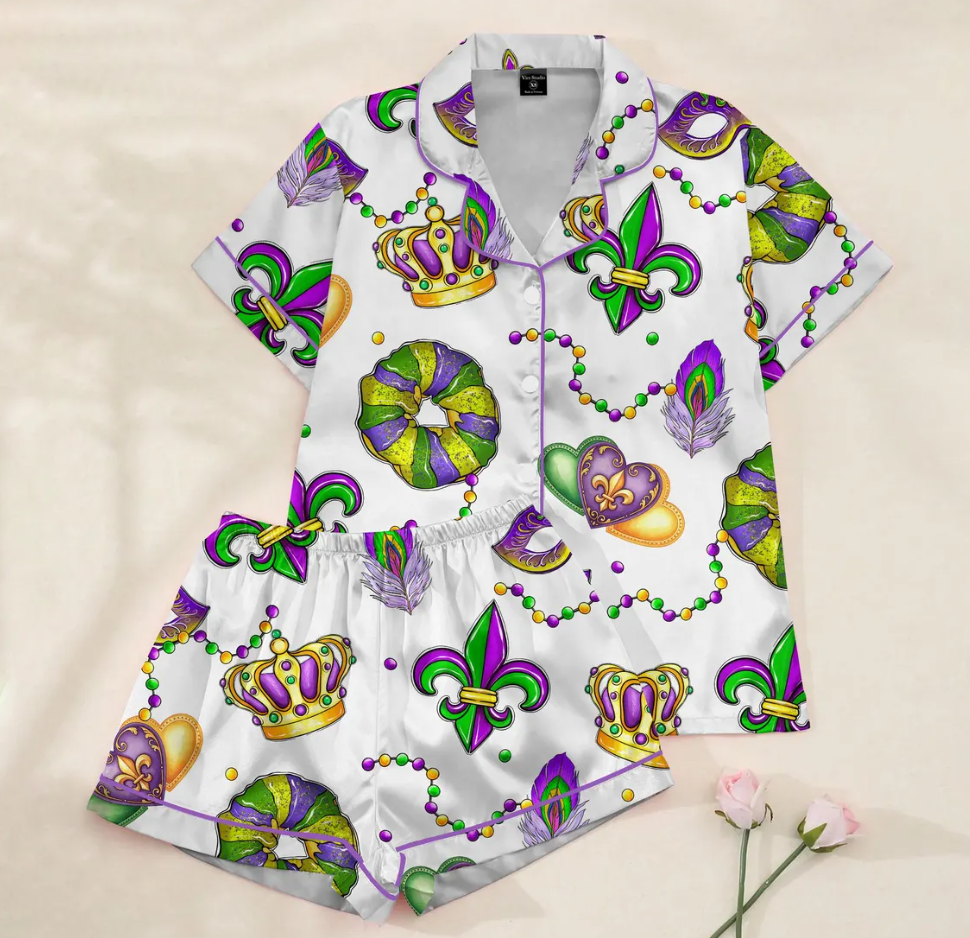 Mardi Gras Carnival Pajamas Set, Pajamas Pants, Mardi Gras Pajama For Women Men, New Orleans Cruise Holiday Pajamas, Coquette Pajamas