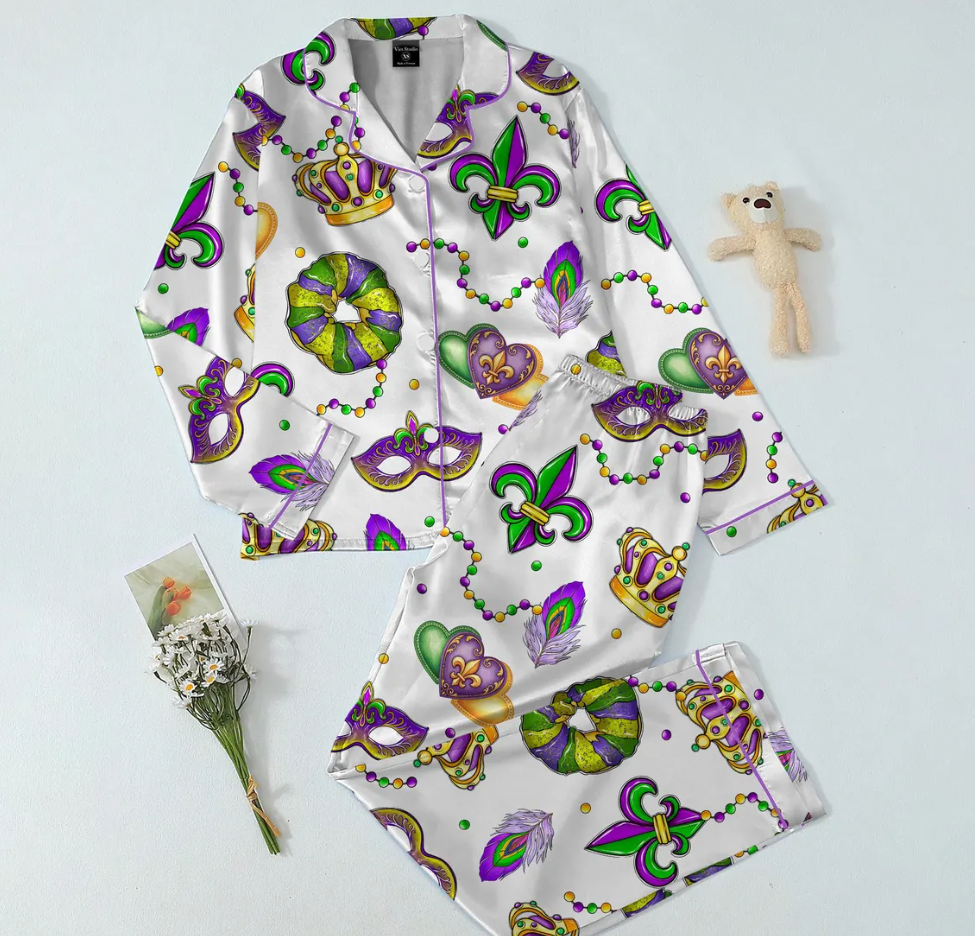 Mardi Gras Carnival Pajamas Set, Pajamas Pants, Mardi Gras Pajama For Women Men, New Orleans Cruise Holiday Pajamas, Coquette Pajamas