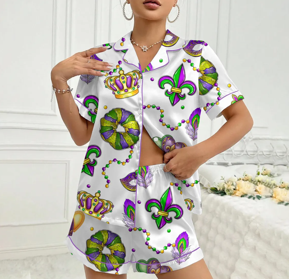 Mardi Gras Carnival Pajamas Set, Pajamas Pants, Mardi Gras Pajama For Women Men, New Orleans Cruise Holiday Pajamas, Coquette Pajamas