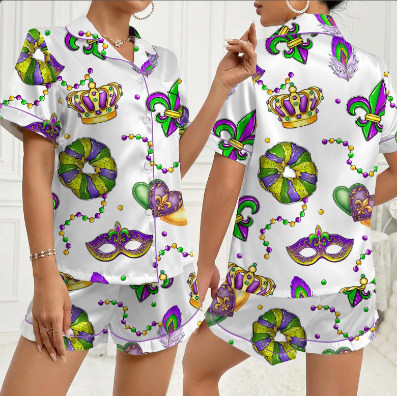 Mardi Gras Carnival Pajamas Set, Pajamas Pants, Mardi Gras Pajama For Women Men, New Orleans Cruise Holiday Pajamas, Coquette Pajamas