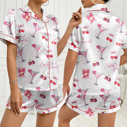 Valentine Cherry Satin Pajama Set for Women, Cute Cocktail Print Short Sleeve Button-Up Sleepwear, Romantic Loungewear Gift