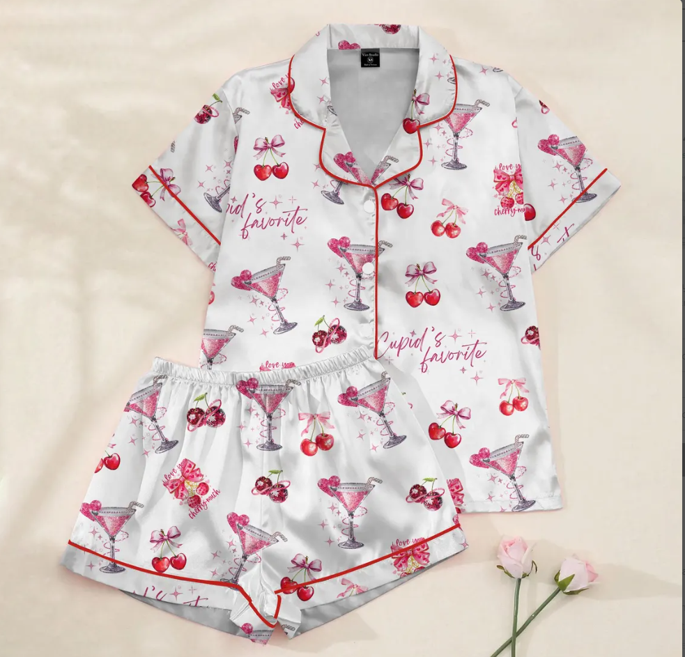 Valentine Cherry Satin Pajama Set for Women, Cute Cocktail Print Short Sleeve Button-Up Sleepwear, Romantic Loungewear Gift