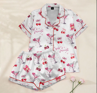 Valentine Cherry Satin Pajama Set for Women, Cute Cocktail Print Short Sleeve Button-Up Sleepwear, Romantic Loungewear Gift