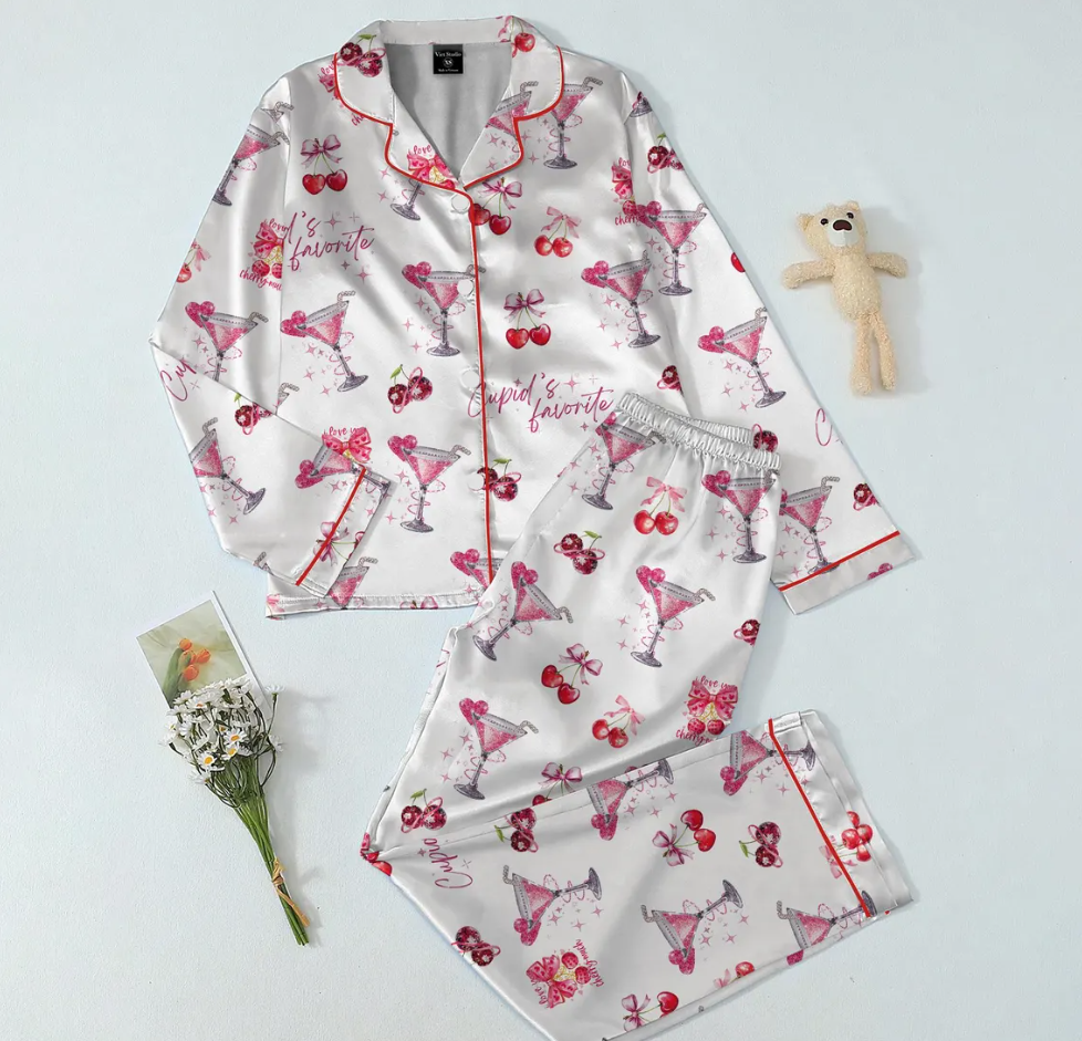 Valentine Cherry Satin Pajama Set for Women, Cute Cocktail Print Short Sleeve Button-Up Sleepwear, Romantic Loungewear Gift