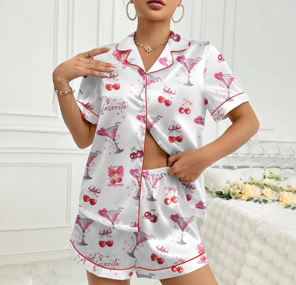 Valentine Cherry Satin Pajama Set for Women, Cute Cocktail Print Short Sleeve Button-Up Sleepwear, Romantic Loungewear Gift