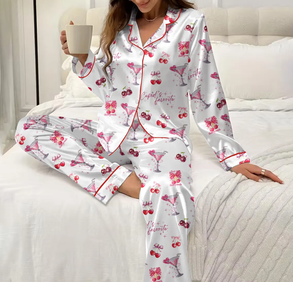 Valentine Cherry Satin Pajama Set for Women, Cute Cocktail Print Short Sleeve Button-Up Sleepwear, Romantic Loungewear Gift