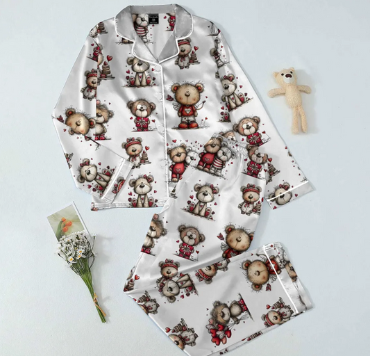 Valentine Teddy Bear Pajama Set – Cute Bear Print Satin PJs with Red Hearts, Cozy Love-Themed Sleepwear, Sweet Gift for Her
