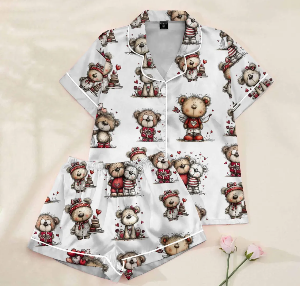 Valentine Teddy Bear Pajama Set – Cute Bear Print Satin PJs with Red Hearts, Cozy Love-Themed Sleepwear, Sweet Gift for Her