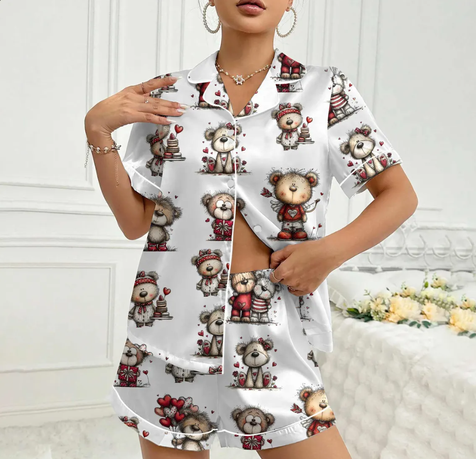 Valentine Teddy Bear Pajama Set – Cute Bear Print Satin PJs with Red Hearts, Cozy Love-Themed Sleepwear, Sweet Gift for Her