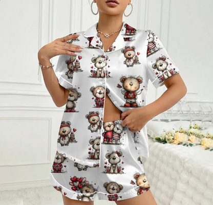 Valentine Teddy Bear Pajama Set – Cute Bear Print Satin PJs with Red Hearts, Cozy Love-Themed Sleepwear, Sweet Gift for Her