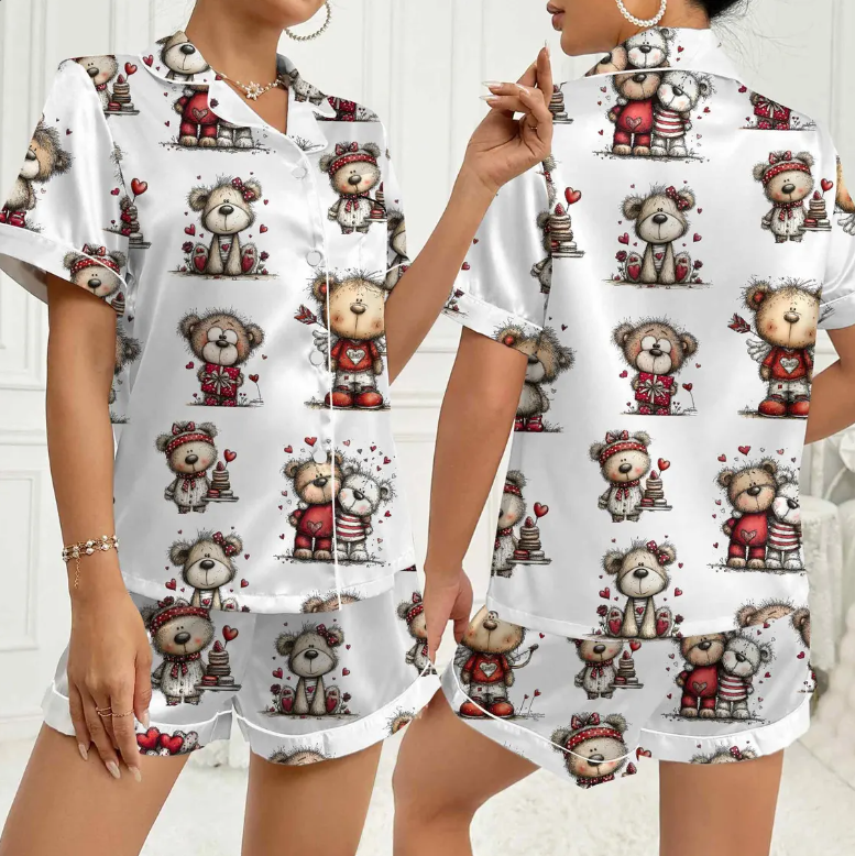 Valentine Teddy Bear Pajama Set – Cute Bear Print Satin PJs with Red Hearts, Cozy Love-Themed Sleepwear, Sweet Gift for Her