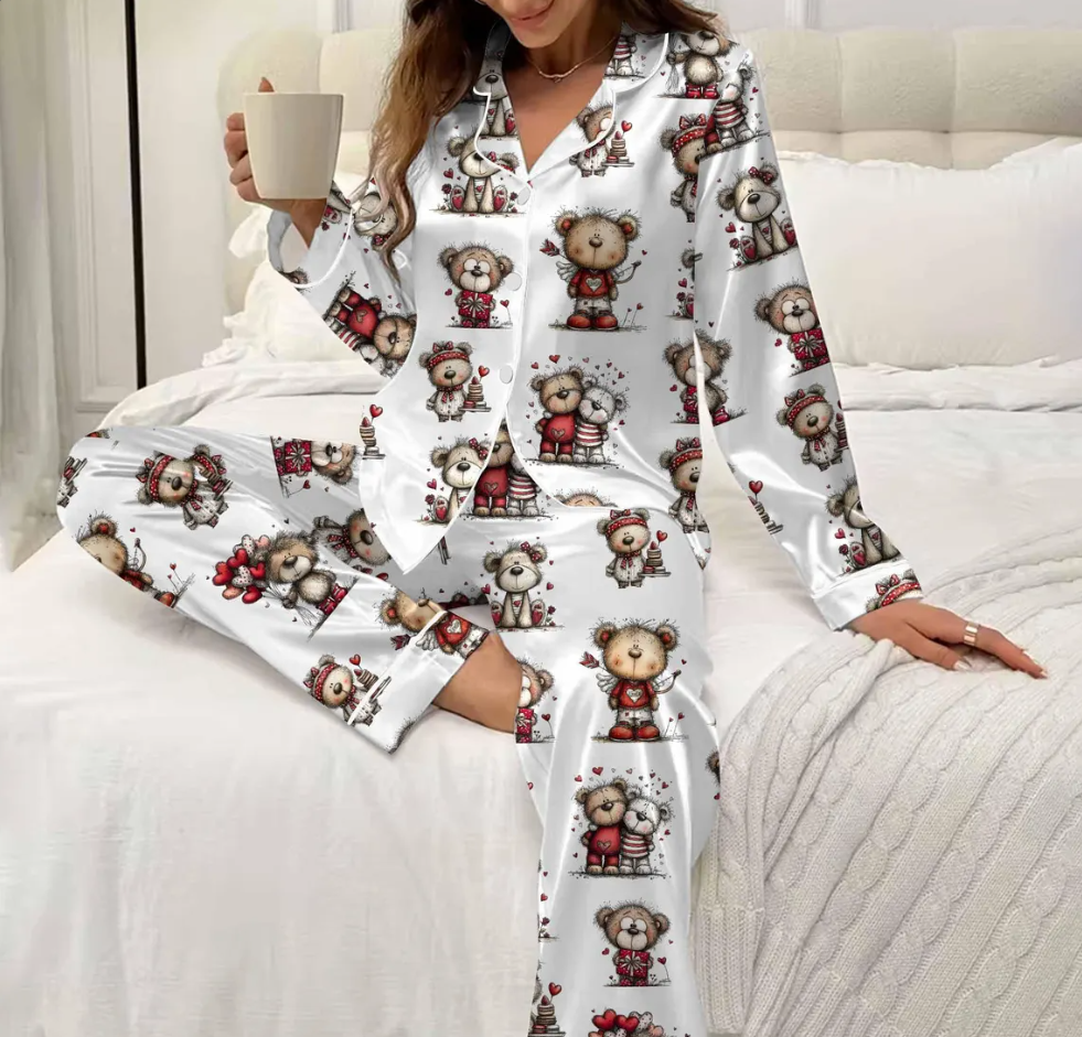 Valentine Teddy Bear Pajama Set – Cute Bear Print Satin PJs with Red Hearts, Cozy Love-Themed Sleepwear, Sweet Gift for Her