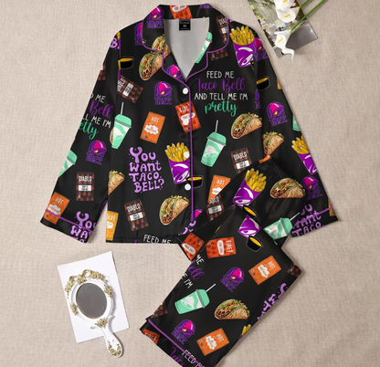 Taco Bell Short Satin Pajamas, Fast Food Sleepwear Set for Women, Silky Lounge Outfit, Food Pajama Shorts, Taco Bell Fan Gifts