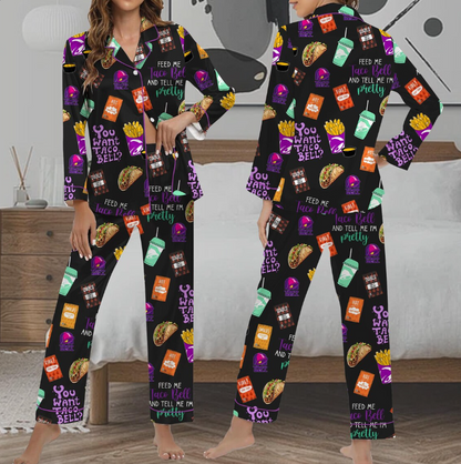 Taco Bell Short Satin Pajamas, Fast Food Sleepwear Set for Women, Silky Lounge Outfit, Food Pajama Shorts, Taco Bell Fan Gifts