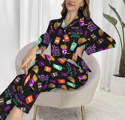 Taco Bell Short Satin Pajamas, Fast Food Sleepwear Set for Women, Silky Lounge Outfit, Food Pajama Shorts, Taco Bell Fan Gifts