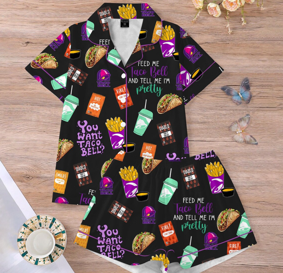 Taco Bell Short Satin Pajamas, Fast Food Sleepwear Set for Women, Silky Lounge Outfit, Food Pajama Shorts, Taco Bell Fan Gifts