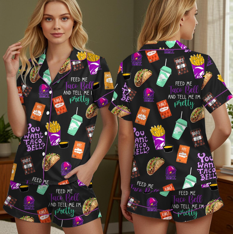 Taco Bell Short Satin Pajamas, Fast Food Sleepwear Set for Women, Silky Lounge Outfit, Food Pajama Shorts, Taco Bell Fan Gifts