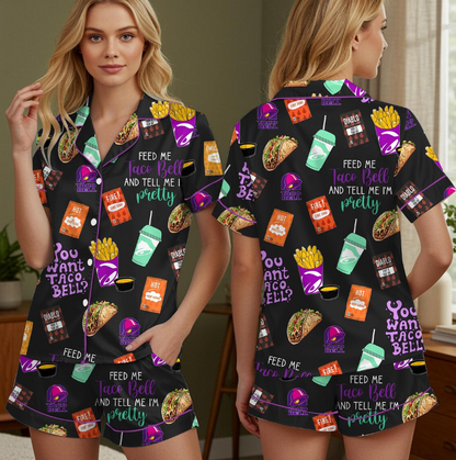 Taco Bell Short Satin Pajamas, Fast Food Sleepwear Set for Women, Silky Lounge Outfit, Food Pajama Shorts, Taco Bell Fan Gifts
