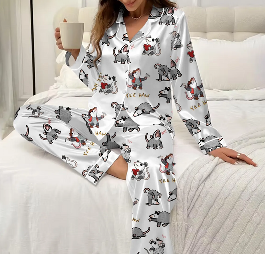 Funny Possum Pajama Set for Women – Cute Animal Print Satin Pajamas, Short Sleeve Button-Up Sleepwear, Cozy Loungewear Gift
