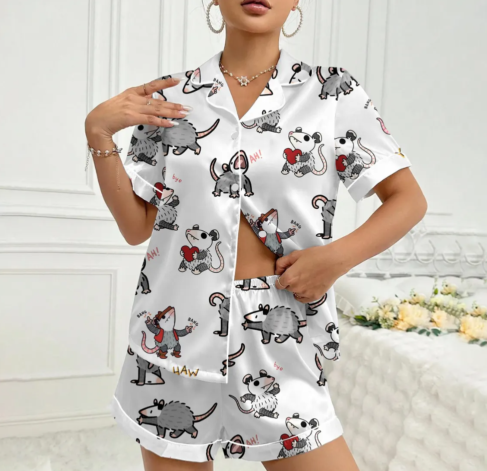 Funny Possum Pajama Set for Women – Cute Animal Print Satin Pajamas, Short Sleeve Button-Up Sleepwear, Cozy Loungewear Gift