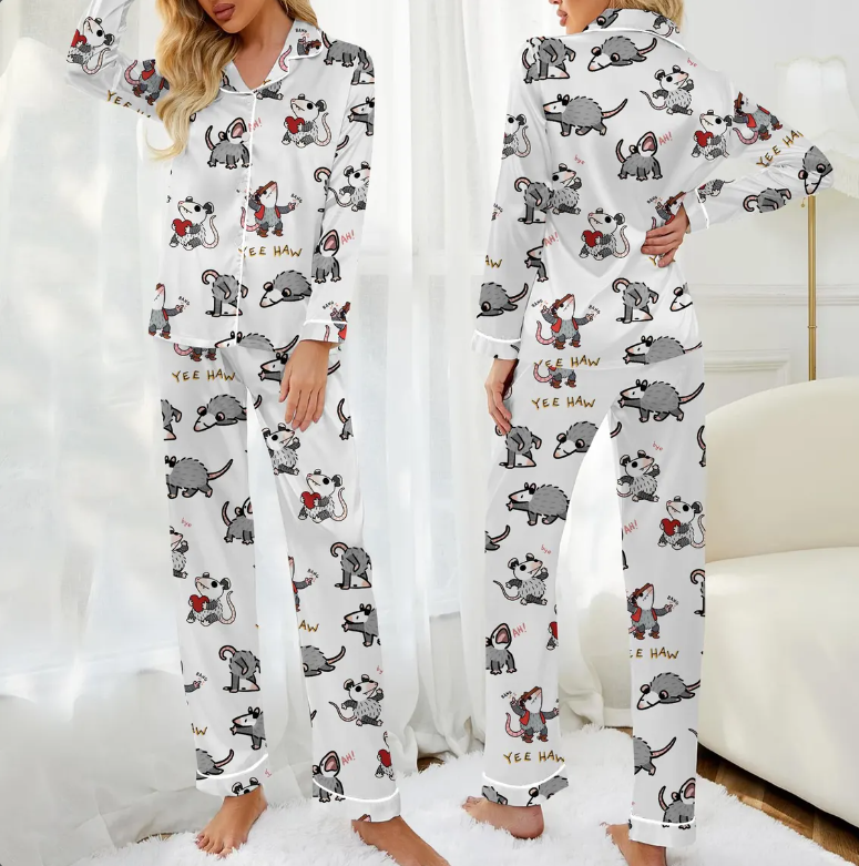 Funny Possum Pajama Set for Women – Cute Animal Print Satin Pajamas, Short Sleeve Button-Up Sleepwear, Cozy Loungewear Gift