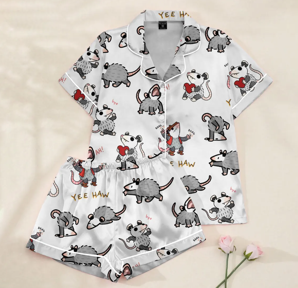 Funny Possum Pajama Set for Women – Cute Animal Print Satin Pajamas, Short Sleeve Button-Up Sleepwear, Cozy Loungewear Gift