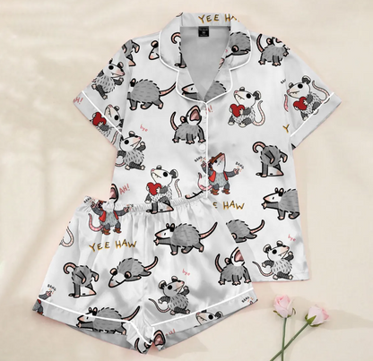 Funny Possum Pajama Set for Women – Cute Animal Print Satin Pajamas, Short Sleeve Button-Up Sleepwear, Cozy Loungewear Gift