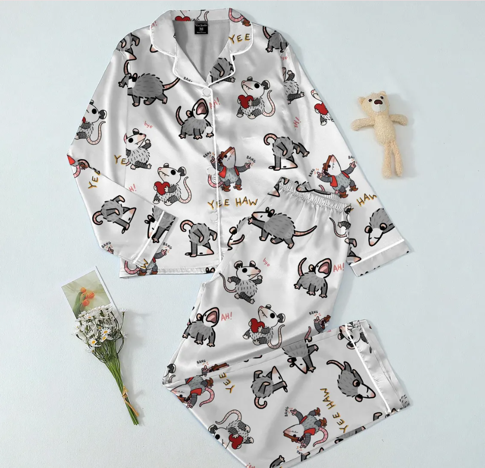 Funny Possum Pajama Set for Women – Cute Animal Print Satin Pajamas, Short Sleeve Button-Up Sleepwear, Cozy Loungewear Gift