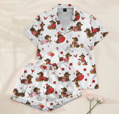 Valentine Dachshund Dog Satin Pajamas, Dachshund Dog PJs For The Family, Cute Animal Pajamas, Couple PJs For Pet Lovers